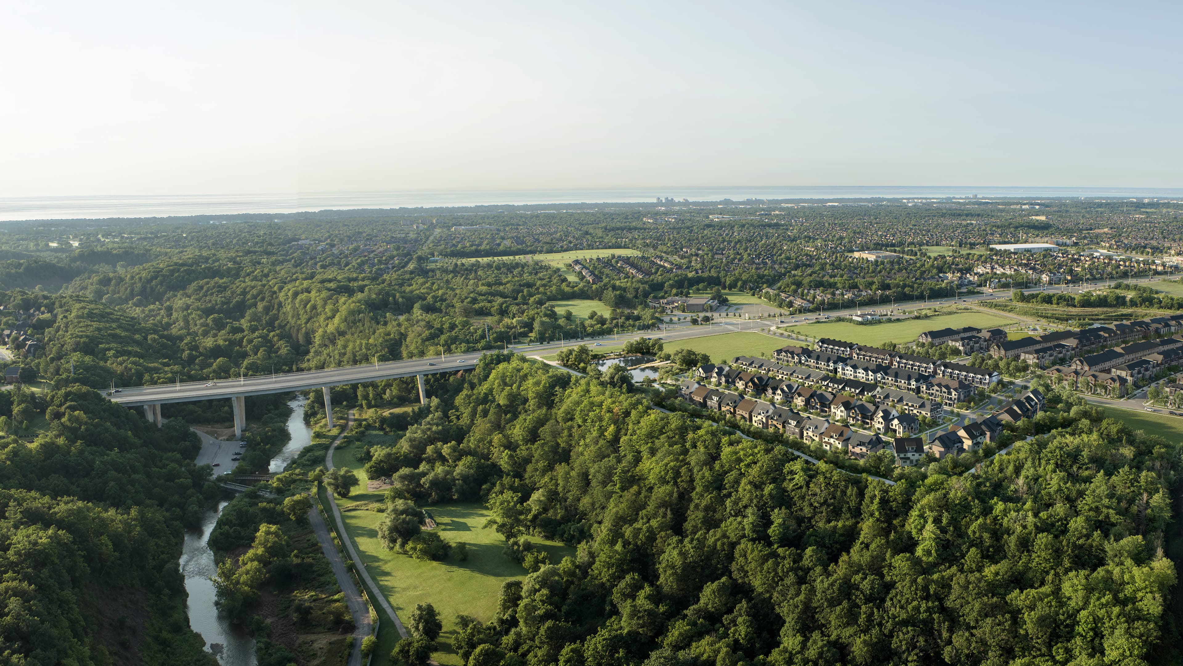 Five Oaks community aerial showing the Oakville setting around Lions Valley