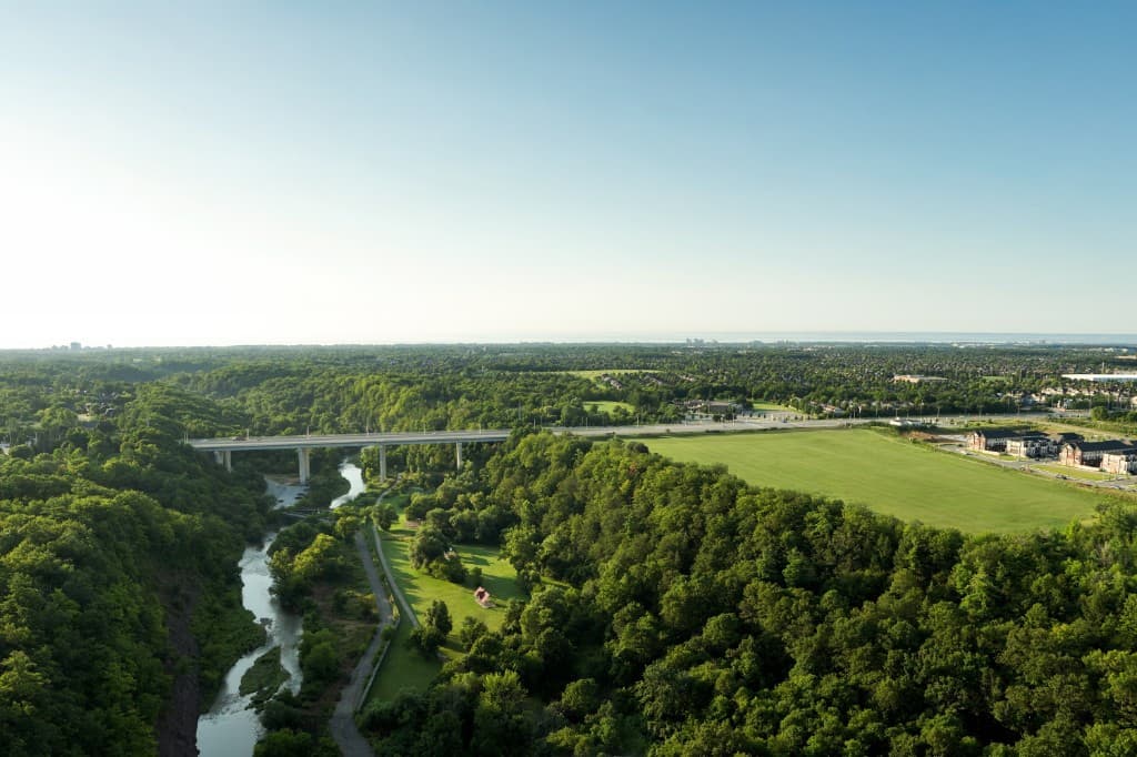 Aerial view of Lions Valley Park and Sixteen Mile Creek near Five Oaks, Oakville