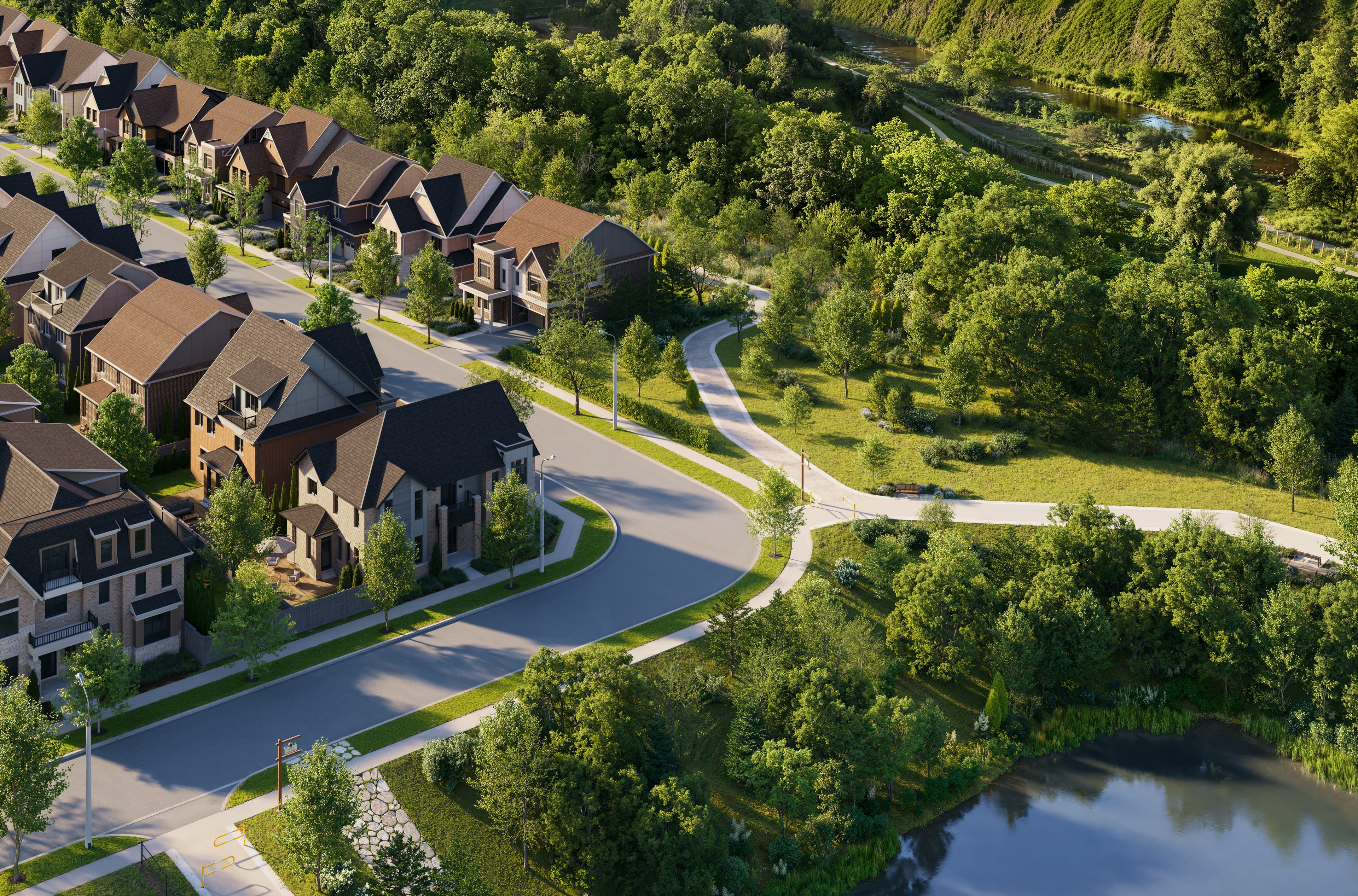 Aerial of pond and pathway open space at Five Oaks in Oakville